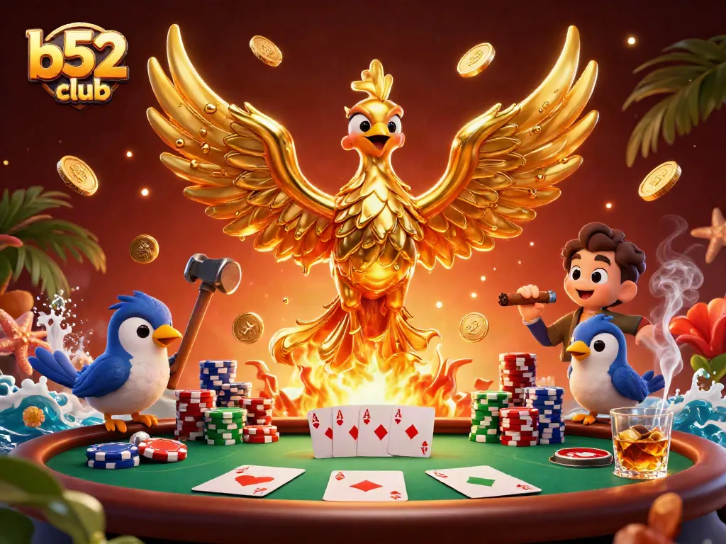 Engage with b52club as molten gold spills from a phoenix in a vibrant casino scene.