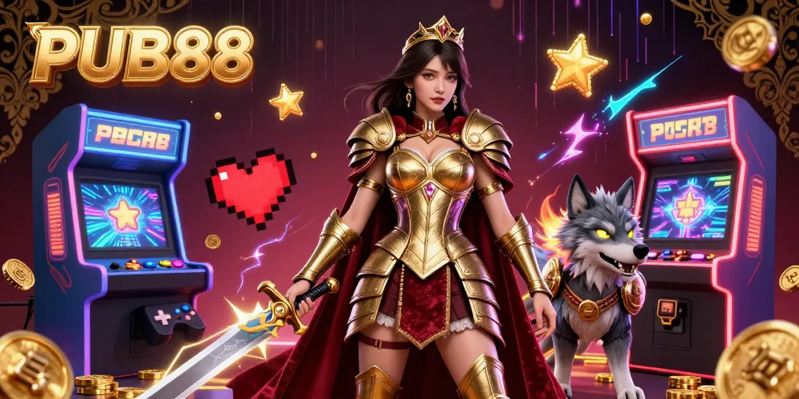 Experience thrilling gaming action at PUB88 with vibrant 3D arcade elements and characters in a captivating casino scene.