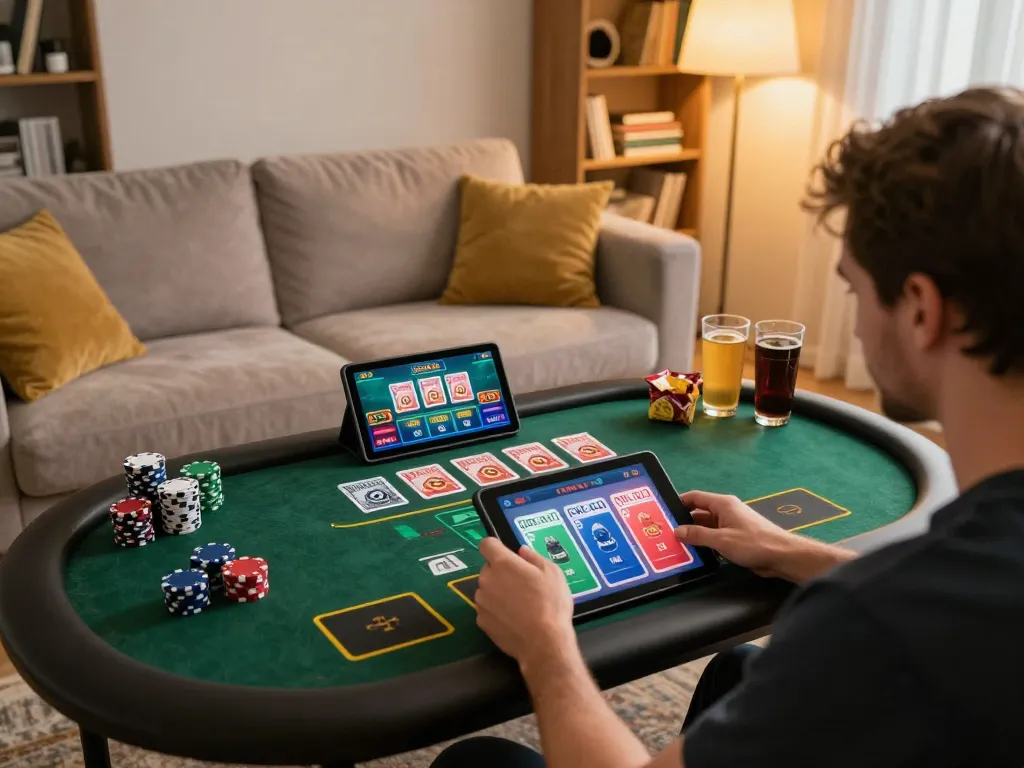 Player engaging in a live dealer game on five88 platform from home, showcasing strategic betting.