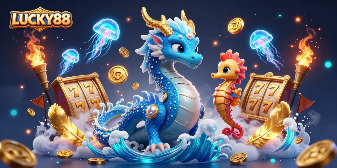 Spin the LUCKY88 slot reels with a dragon and seahorse knight in a vibrant casino scene.