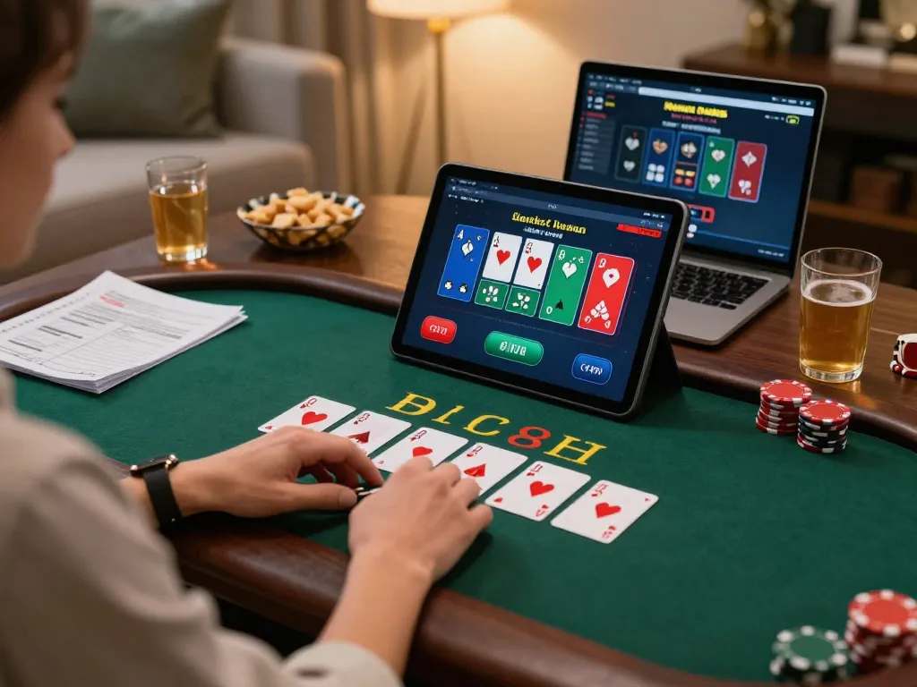 Player enjoying an online blackjack game on 98win tablet, enhancing winning strategies in a stylish home.