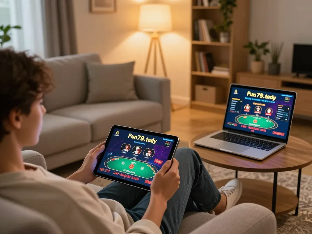 Engaging in online casino gaming at https://fun79.today/ using a tablet in a cozy living room setting.