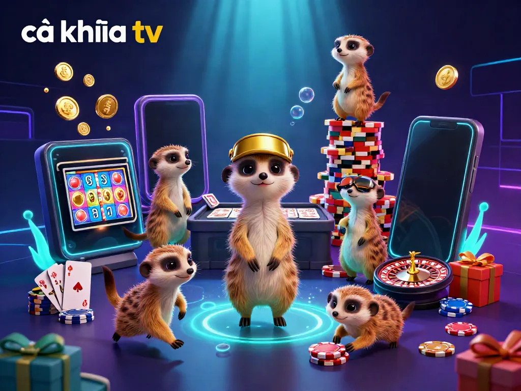 Cà khịa tv showcases a fun casino scene with meerkats engaging in games and sneaking chips.