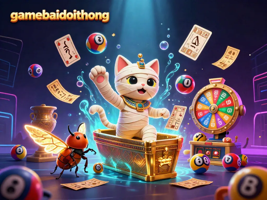 Experience exciting gameplay with gamebaidoithuong in a vibrant casino scene featuring an Egyptian mummy cat.