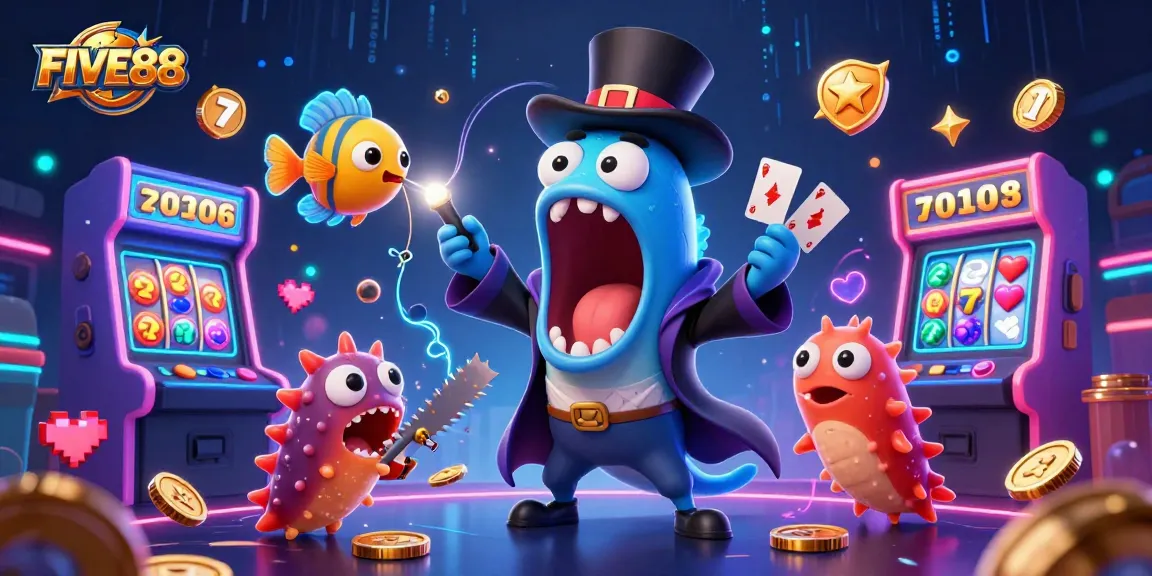 Engage in the thrill of FIVE88 with a vibrant, cartoon-themed casino illustration showcasing multiplayer action.
