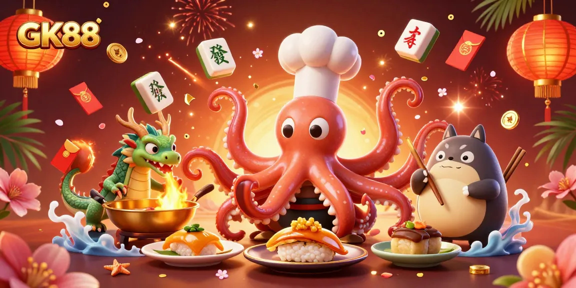 GK88 gamifies winning experiences with vibrant digital art of casino elements and characters.