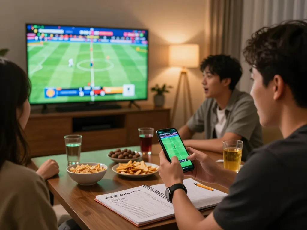 Spectators intensely engaged in sports betting with kèo nhà cái displayed on mobile device in a lively home setting.