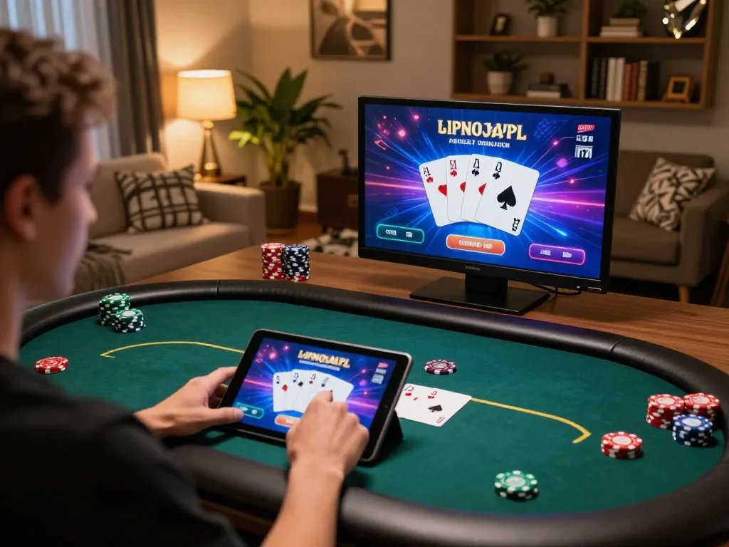 Player enjoying 98win online poker on a tablet in a cozy living room