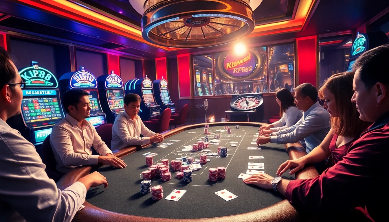 Experience the excitement of KP88 with vibrant poker chips and a luxurious casino atmosphere.