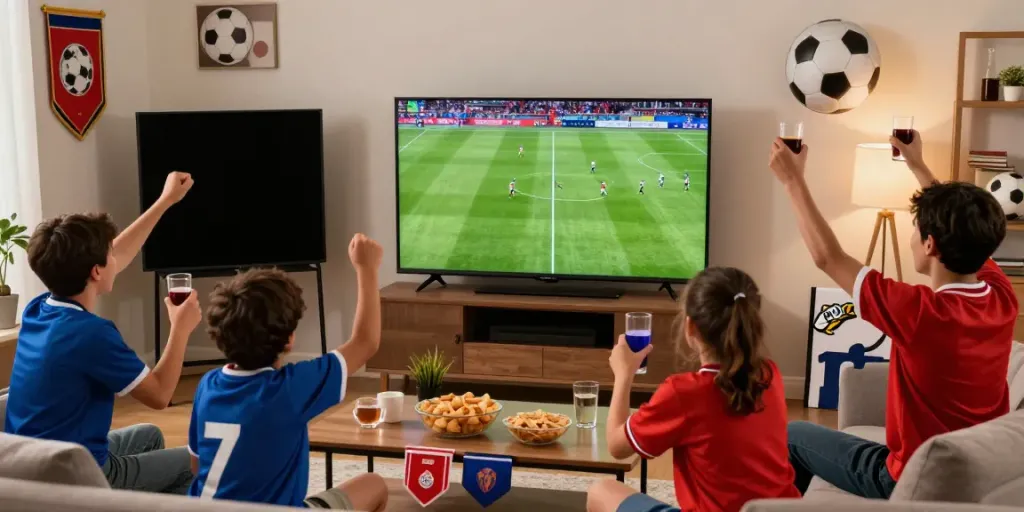 Cà khịa tv - Fans enjoying a lively football match in a cozy living room with snacks and team spirit.