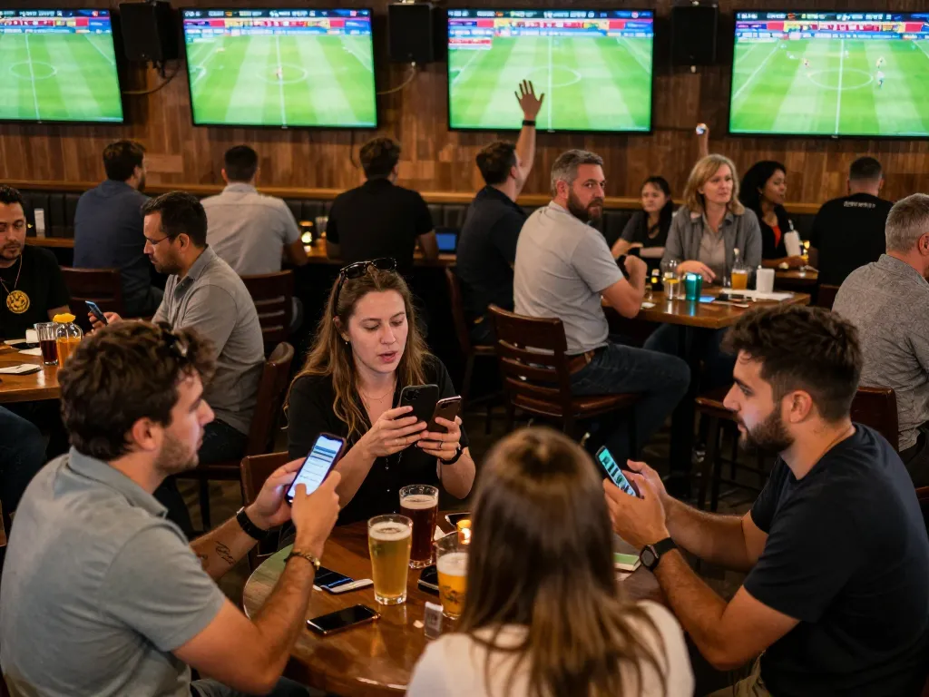 Socolive Truc Tiep Bong Da enthusiasts engaging in live betting at a sports bar, surrounded by screens showing matches.