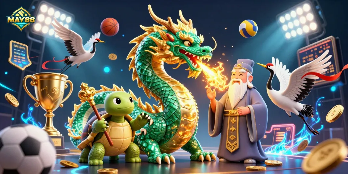 MAY88 showcases a vibrant illustration of a jade dragon, turtle sage, and lucky cranes amidst dynamic sports elements, enhancing online casino excitement.