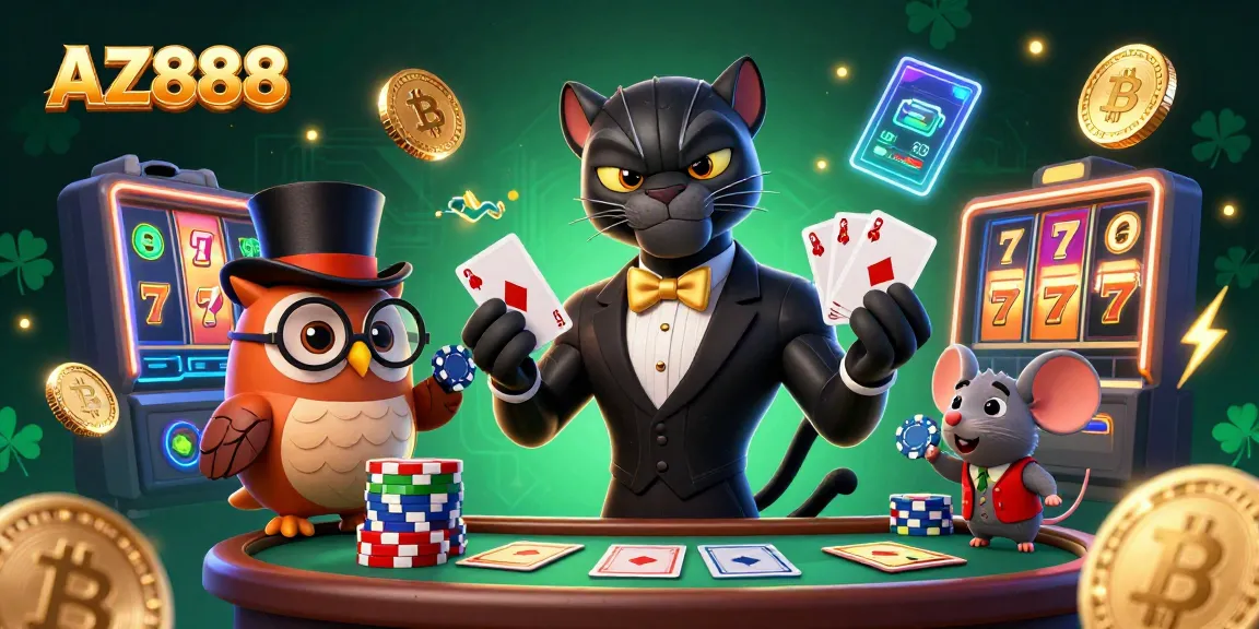 Deal cards like a pro at AZ888 casino with stylish characters in a rich 3D scene.