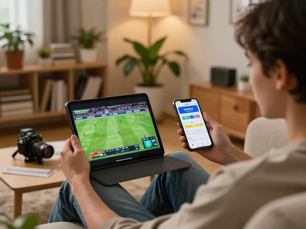 Socolive streaming live soccer match on tablet while gambling at home.