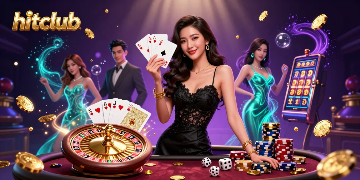 Hitclub game action featuring an elegant woman holding aces near her face amidst a luxury casino backdrop.