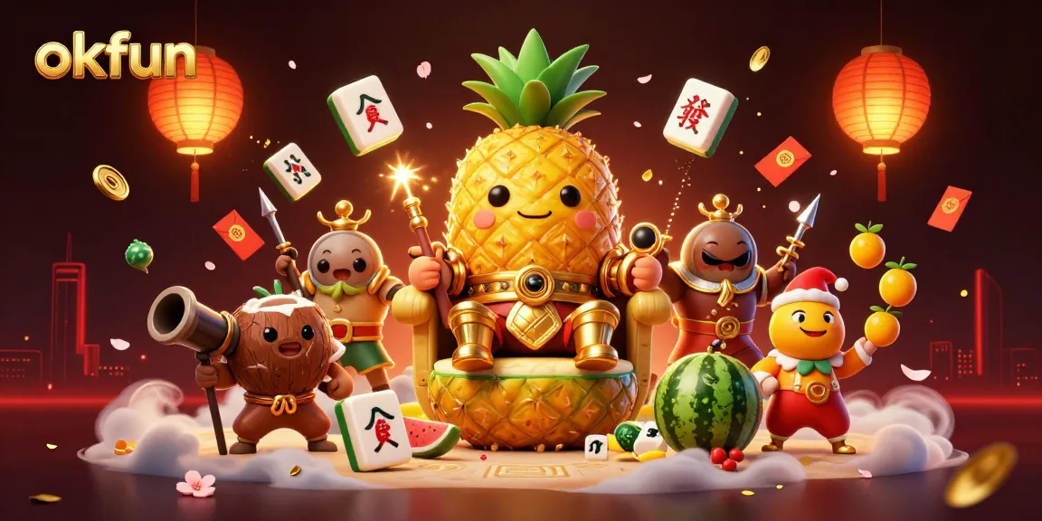 Join the fun and play slots at okfun with vibrant characters celebrating a tropical casino atmosphere.