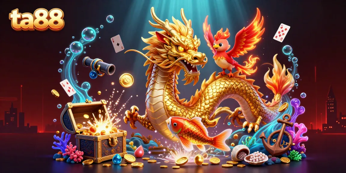Experience ta88's vibrant gaming scene, featuring a dragon, phoenix, and koi, amidst gold and treasures.