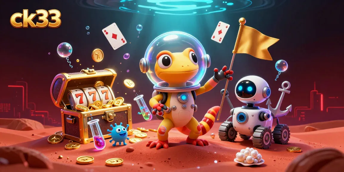 Engage with ck33's vibrant online casino experience featuring a Martian gecko and treasure-filled elements.