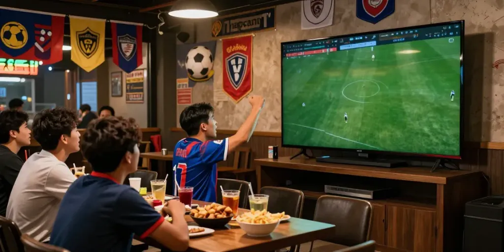 Excited fan enjoying a football match on Thapcam TV in a lively sports bar.