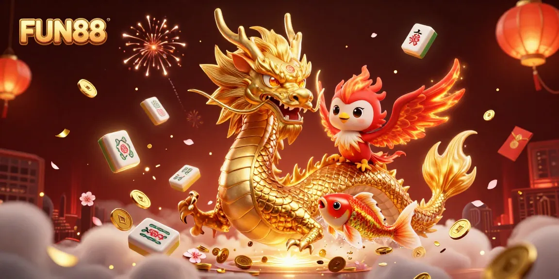 Engage with the thrilling FUN88 gaming experience featuring characters like a golden dragon, phoenix, and koi fish.