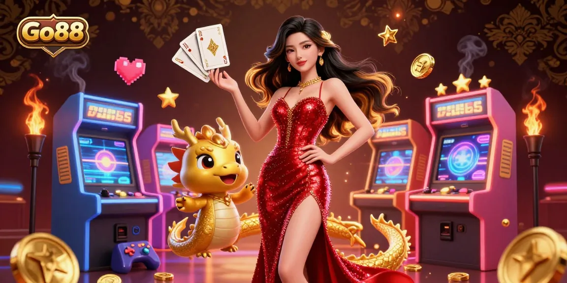 Engage with Go88's vibrant gaming world featuring a 3D Asian woman in red sequin gown and playful dragon mascot.
