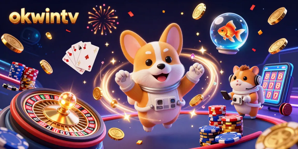 Experience the excitement of okwintv with a vibrant space casino scene featuring a floating corgi and rich gambling elements.