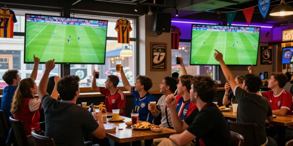 Socolive soccer fans celebrating a live match in a vibrant sports bar atmosphere
