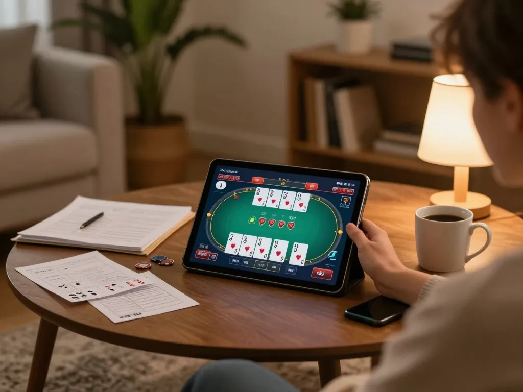 Enjoying a luckywin online poker game while strategizing in a cozy home setting