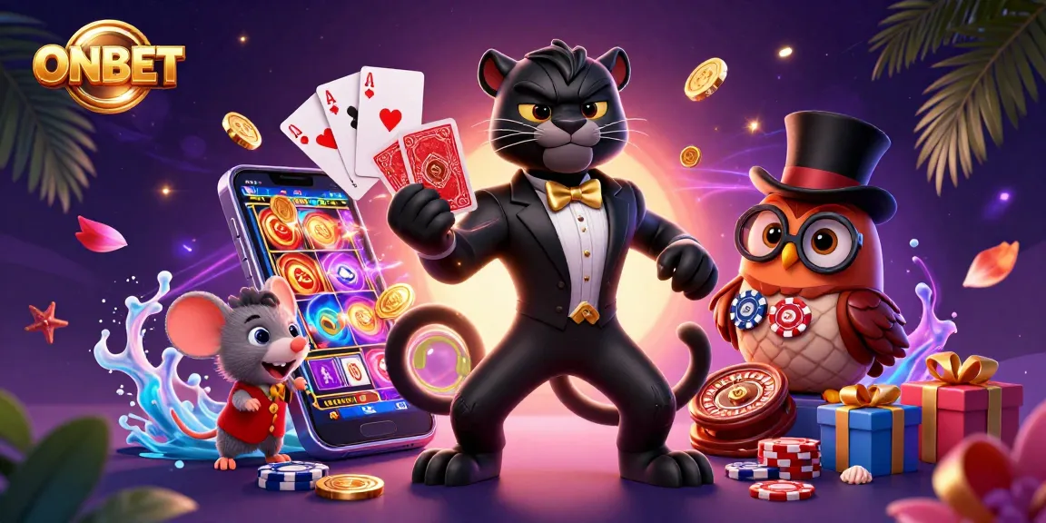 Engage with ONBET's casino experience featuring a stylish panther dealer, owl, and lucky mouse.