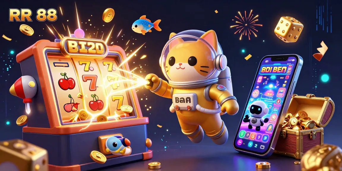 Engage in the thrilling world of RR 88 with vibrant, dynamic casino elements in this 3D casino illustration.