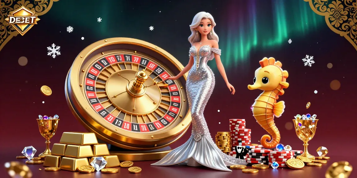 Engage in winning possibilities at DEBET with a stunning roulette scene featuring dazzling gold and gems.