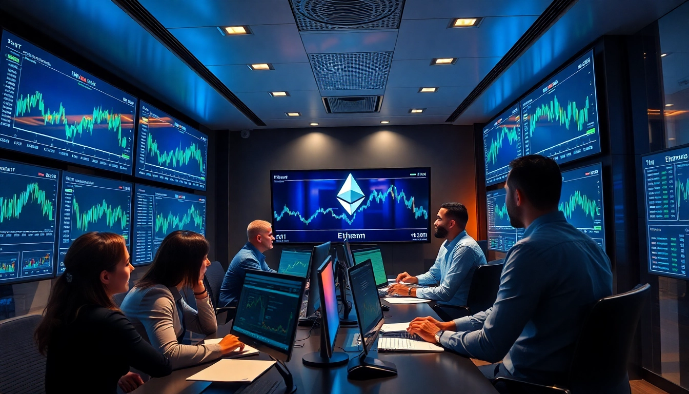 Trading environment showcasing Ethereum XBT price charts and professionals analyzing data in a modern office.