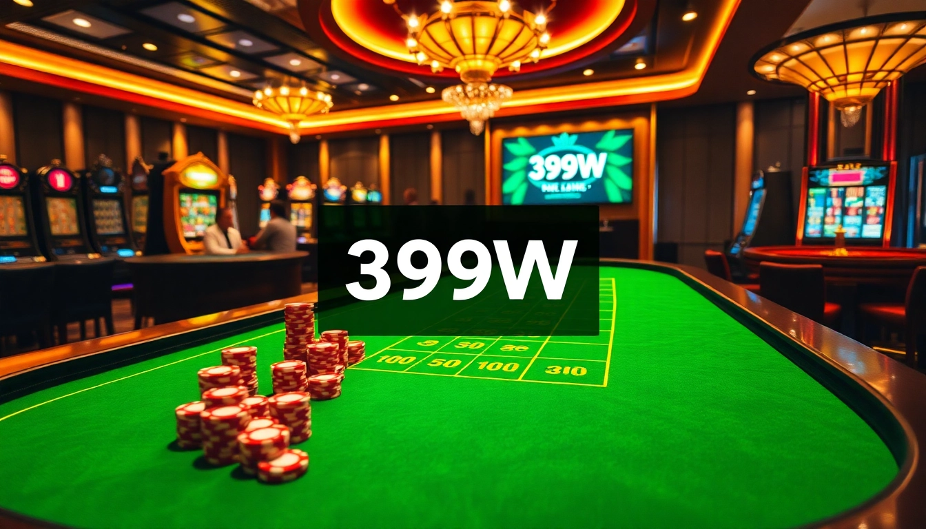 Experience thrilling games at 399W's vibrant casino with poker chips and roulette wheels.