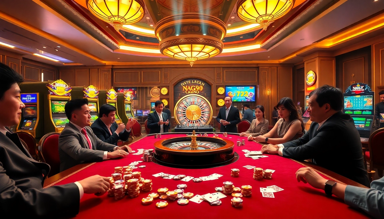 Naga99 players celebrating a jackpot win at a vibrant casino table filled with cards and chips.