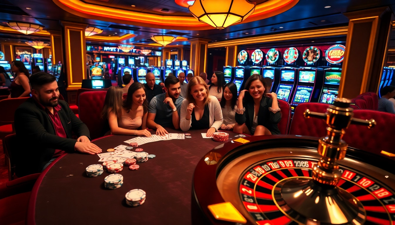 Players engaging in high-stakes poker at a luxurious casino table representing https://gg88.ltd/ with vibrant atmosphere.