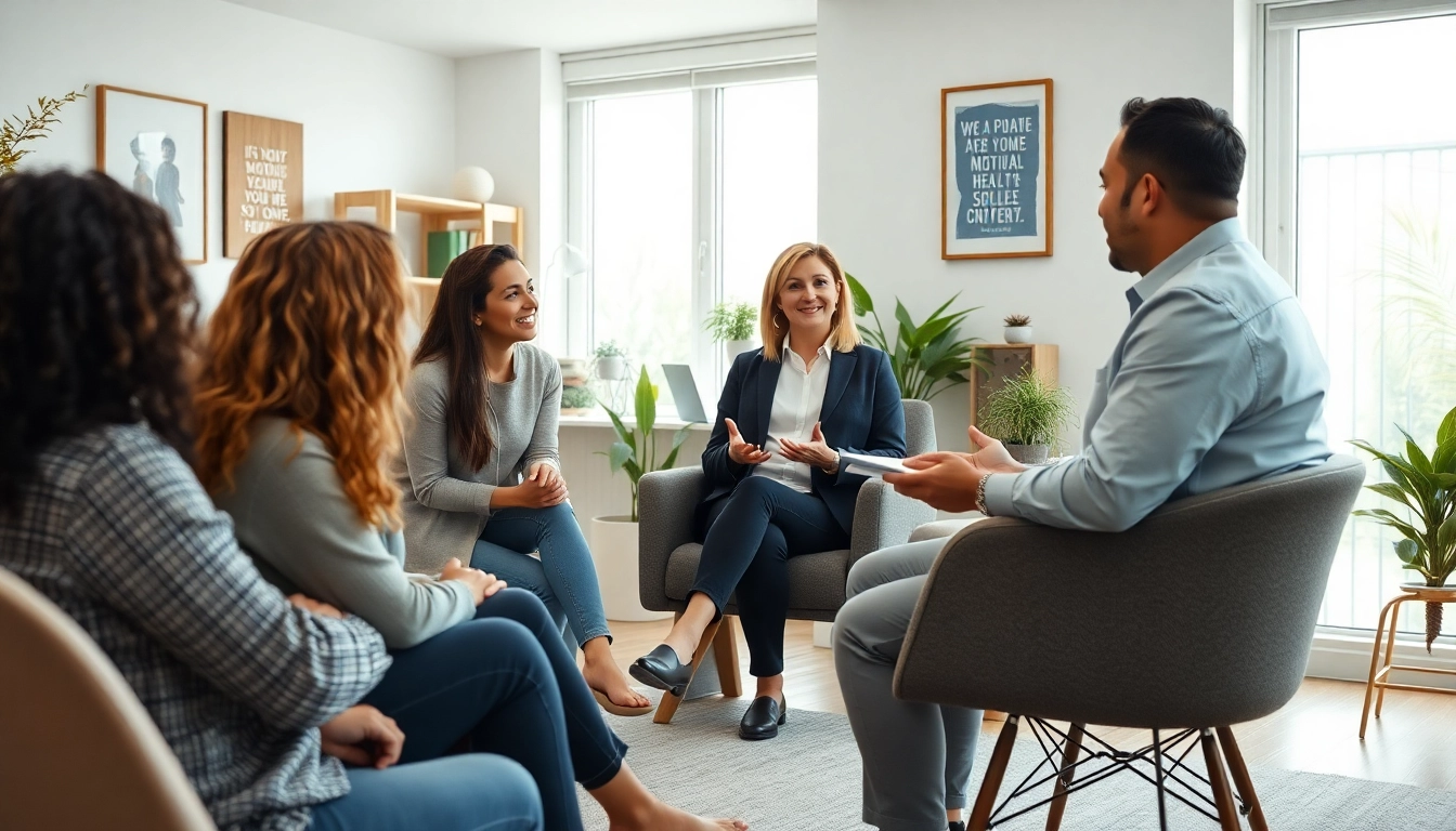 Engaging scene of a therapist sharing mental health tips with clients in a calming office setting.