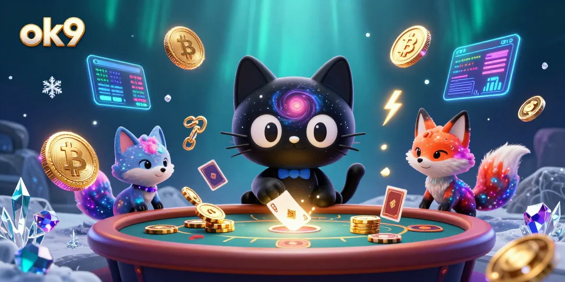 Experience the cosmic charm of ok9 at a vibrant casino table with golden chips and 3D game elements.