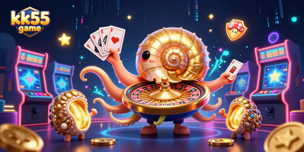 Engage with the thrilling world of kk55 game featuring a vibrant 3D scene of a giant nautilus casino character.