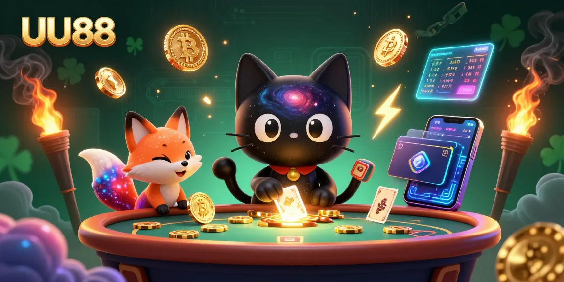 Experience the thrill of UU88 with a cosmic cat and vibrant fox amidst digital casino excitement.
