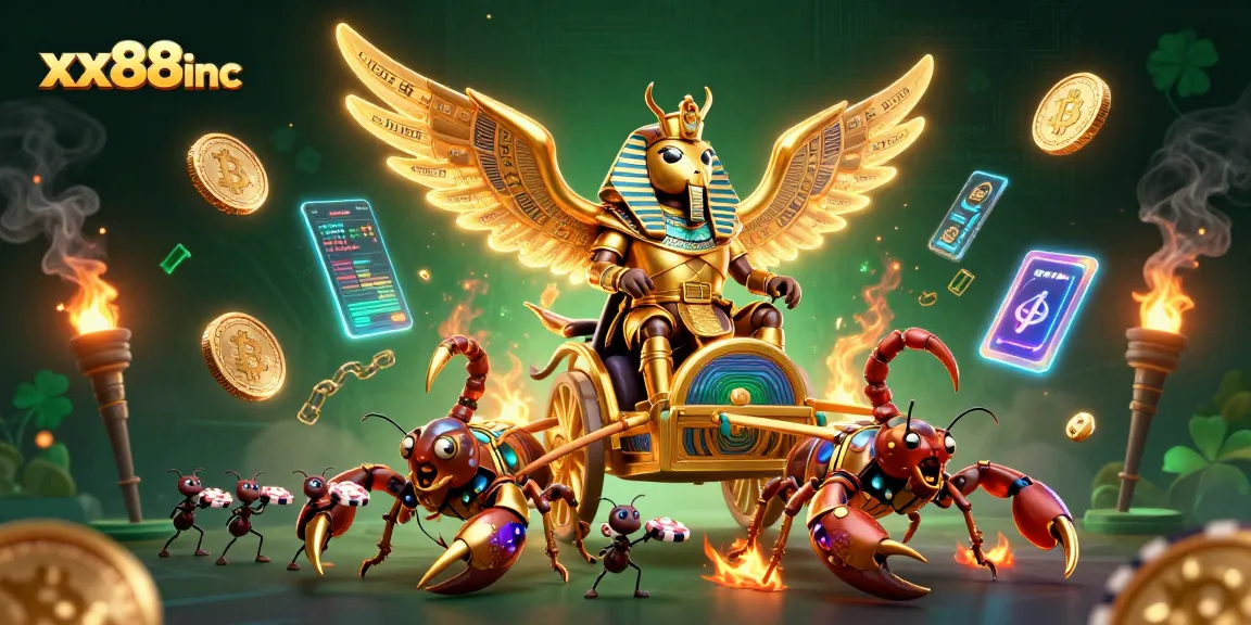 Engage with the vibrant xx88inc casino world, featuring a golden scarab beetle and scorpions among rich digital elements.