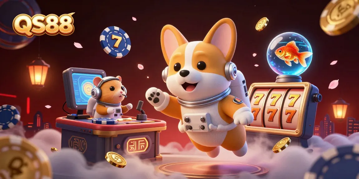 Engage in thrilling QS88 casino gameplay with our adventurous corgi astronaut in a vibrant digital world.