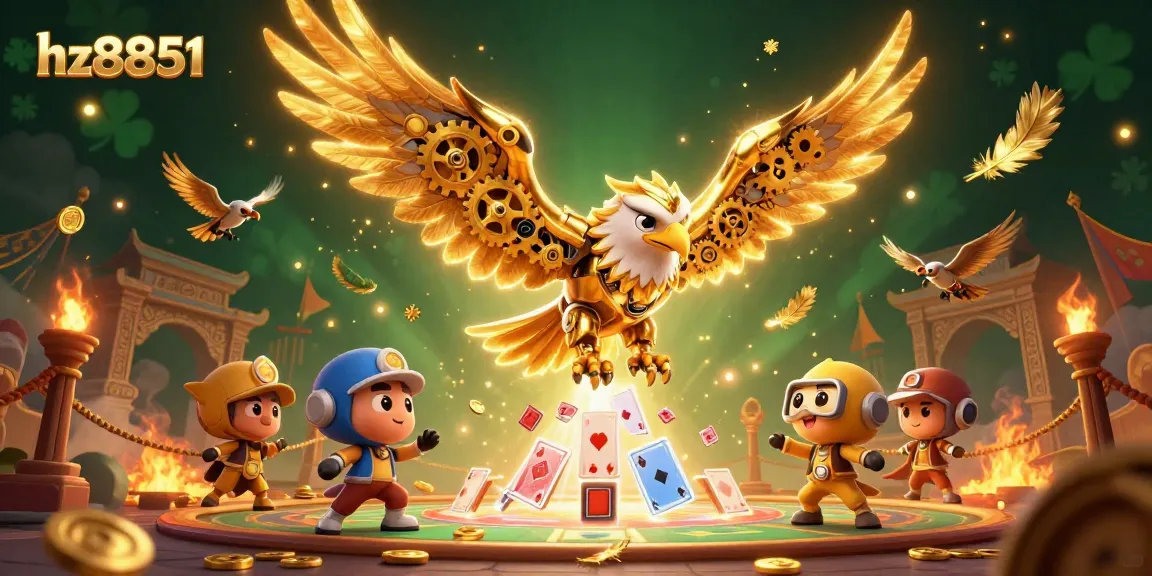 Witness the exciting action at hz8851 with a golden eagle diving through holographic cards amidst dynamic casino elements.