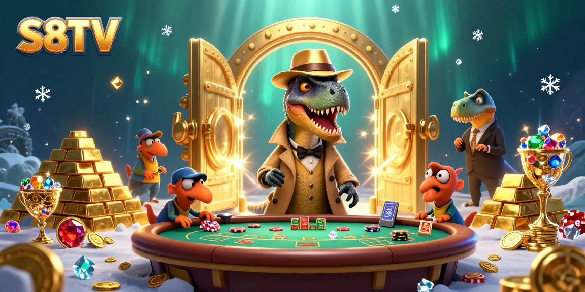 S8TV engages players with a vibrant illustration of a velociraptor card counter at a bustling casino.