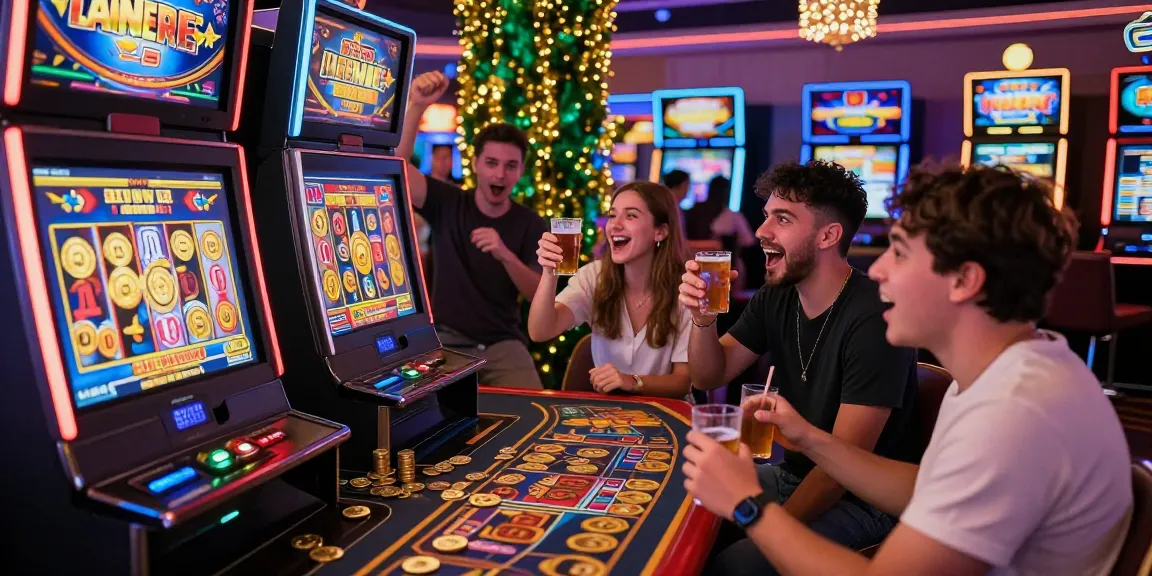 Engaged players at a vibrant slot gacor machine in an exciting casino setting.