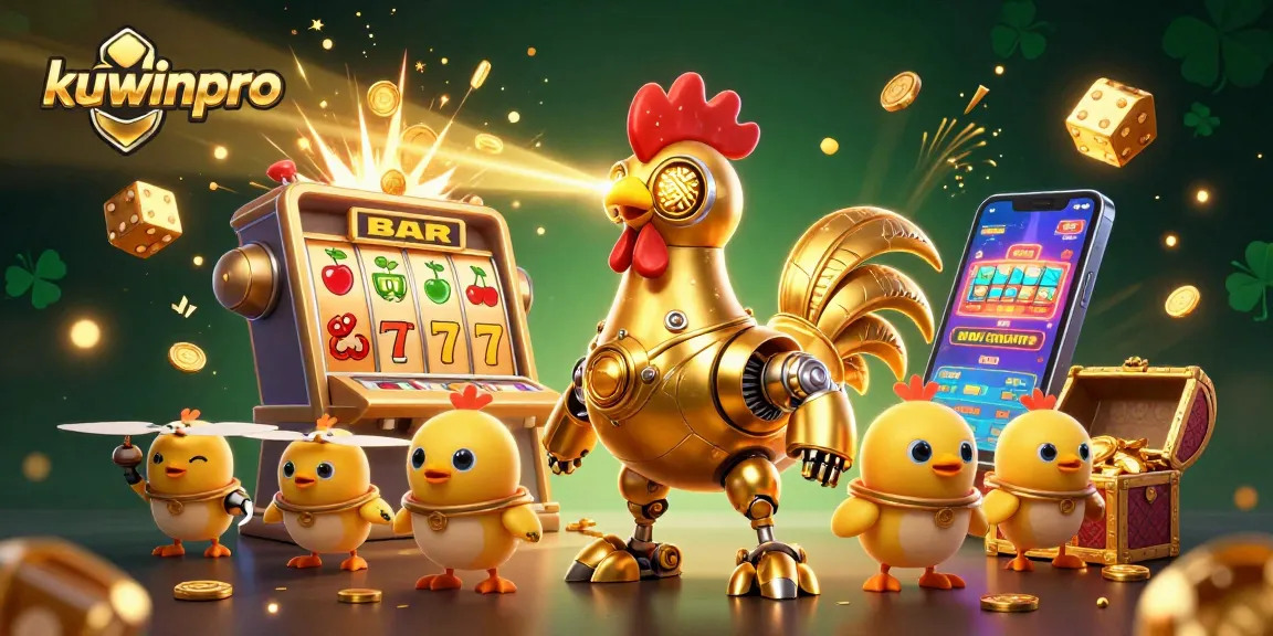 Experience the excitement of kuwinpro with a golden robot and vibrant casino elements bursting with energy.